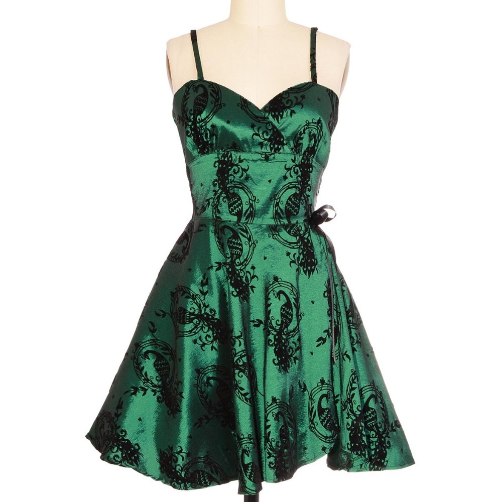 Green Shimmering Peacock Flocked Slip Dress Tunic - Picture 1 of 5